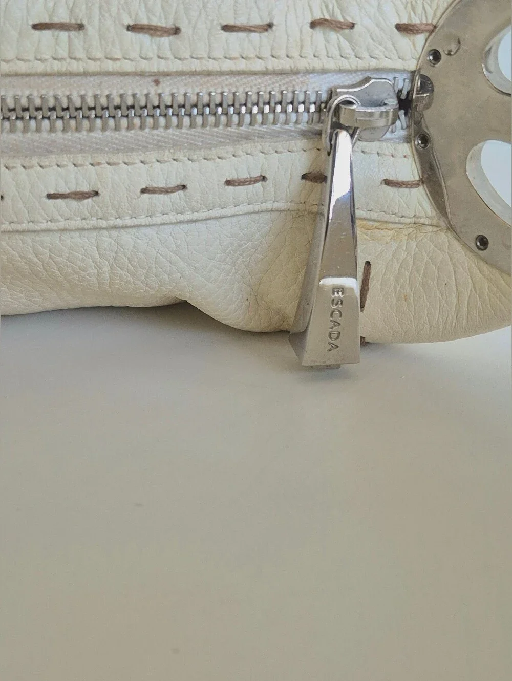 Escada Itaky Cream Pebbled Leather Silver Accents Medium Hobo Shoulder Bag